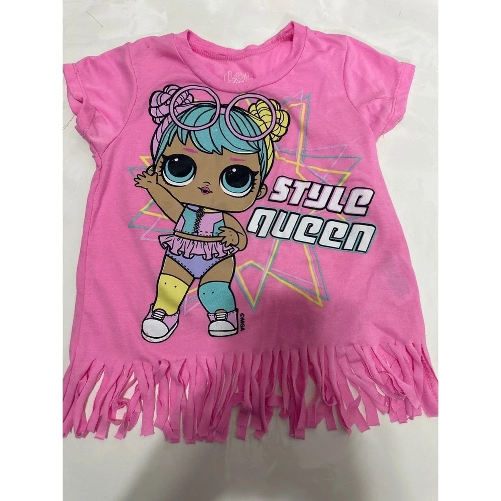 LOL Surprise Style Queen Girl's Pink Fringe Top & Shorts Outfit Set, 6X